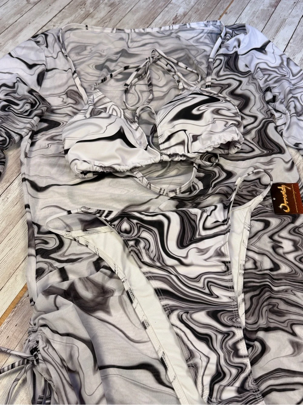 Marble-Print Ruched Mini Dress with Matching Bikini